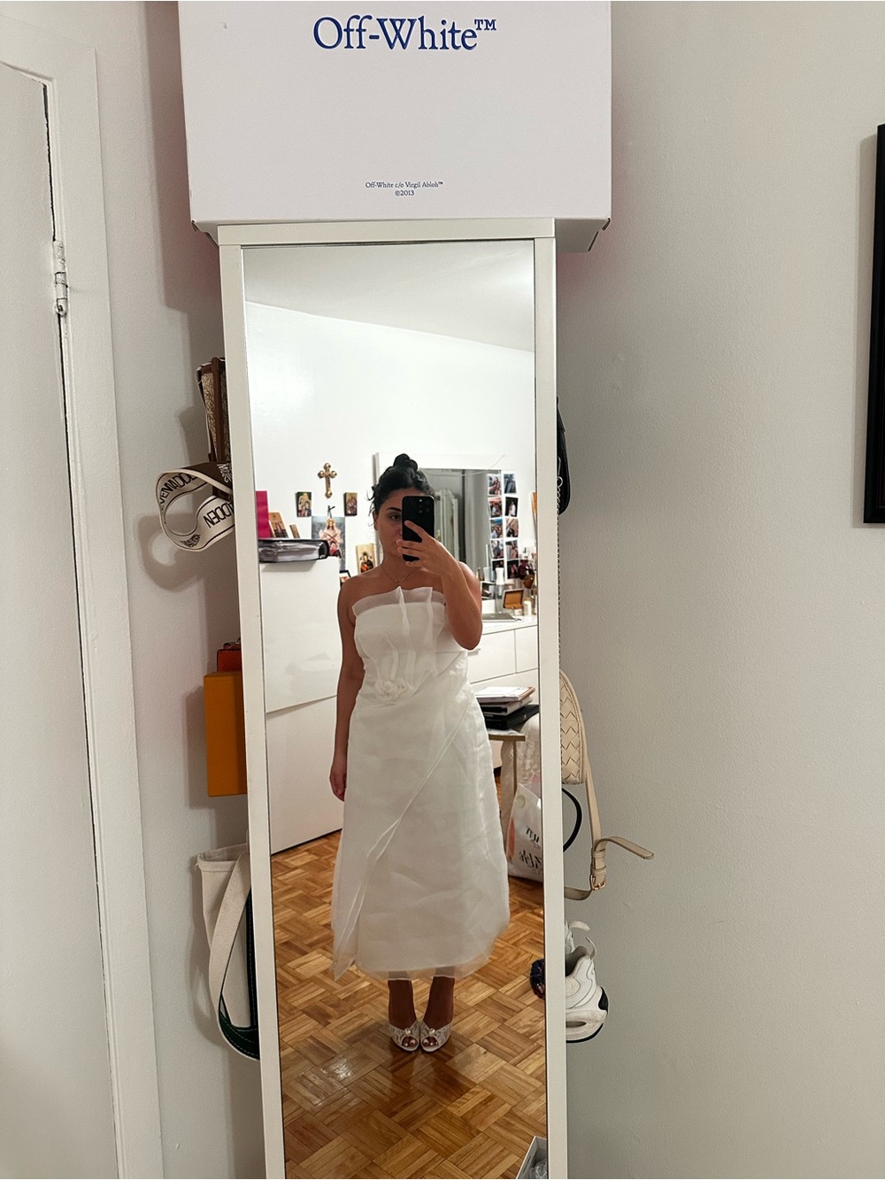 Strapless White Midi Dress with Draped Bodice - Picture 3 of 3